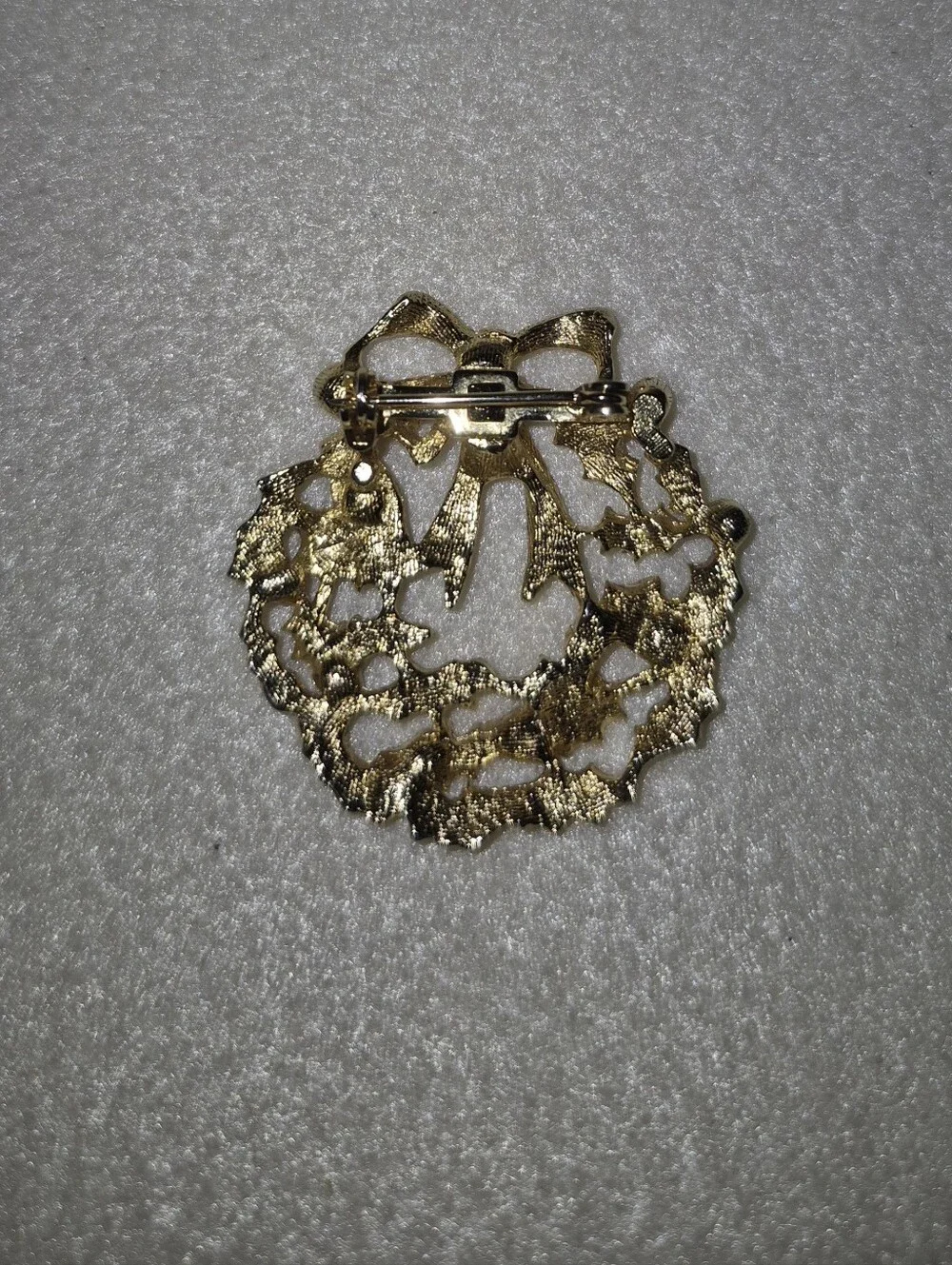 Holiday Wreath Brooch with Red and Green Faux Stone